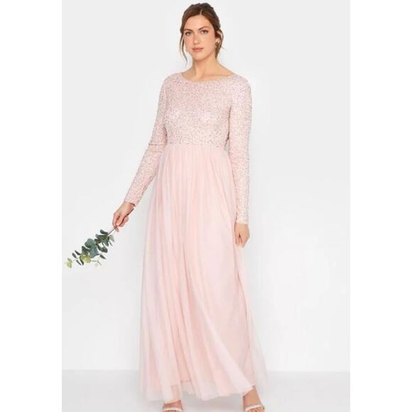 NWT LONG TALL SALLY LTS Tall Blush Pink Long Sleeve Sequin Maxi Dress 6 - Picture 1 of 6